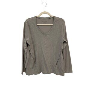 Neon Buddha V Neck Long Sleeve Top Size Medium Taupe Gray Ruffle Neutral Casual